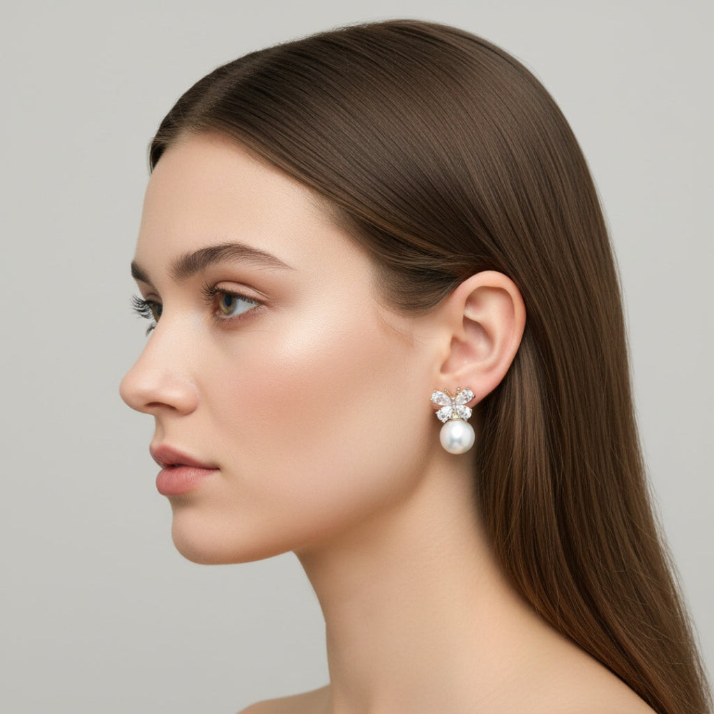 Crystal Pearl Butterfly Studs