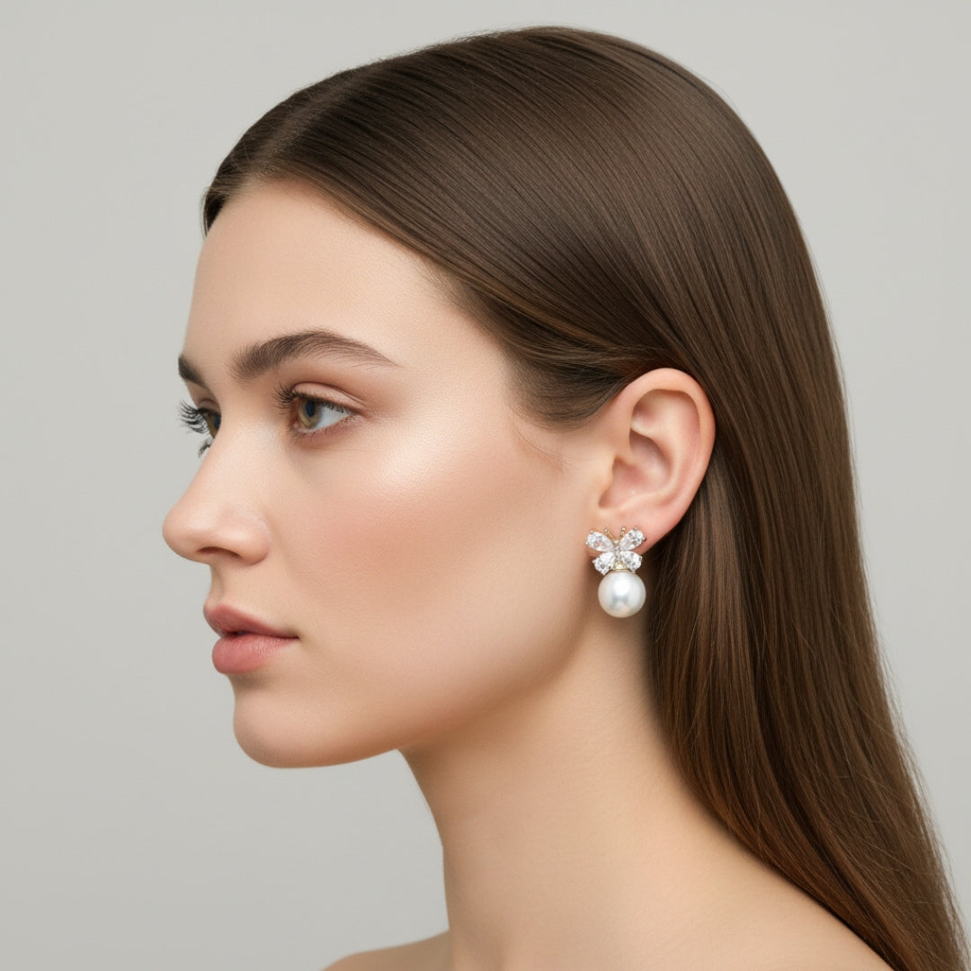 Crystal Pearl Butterfly Studs