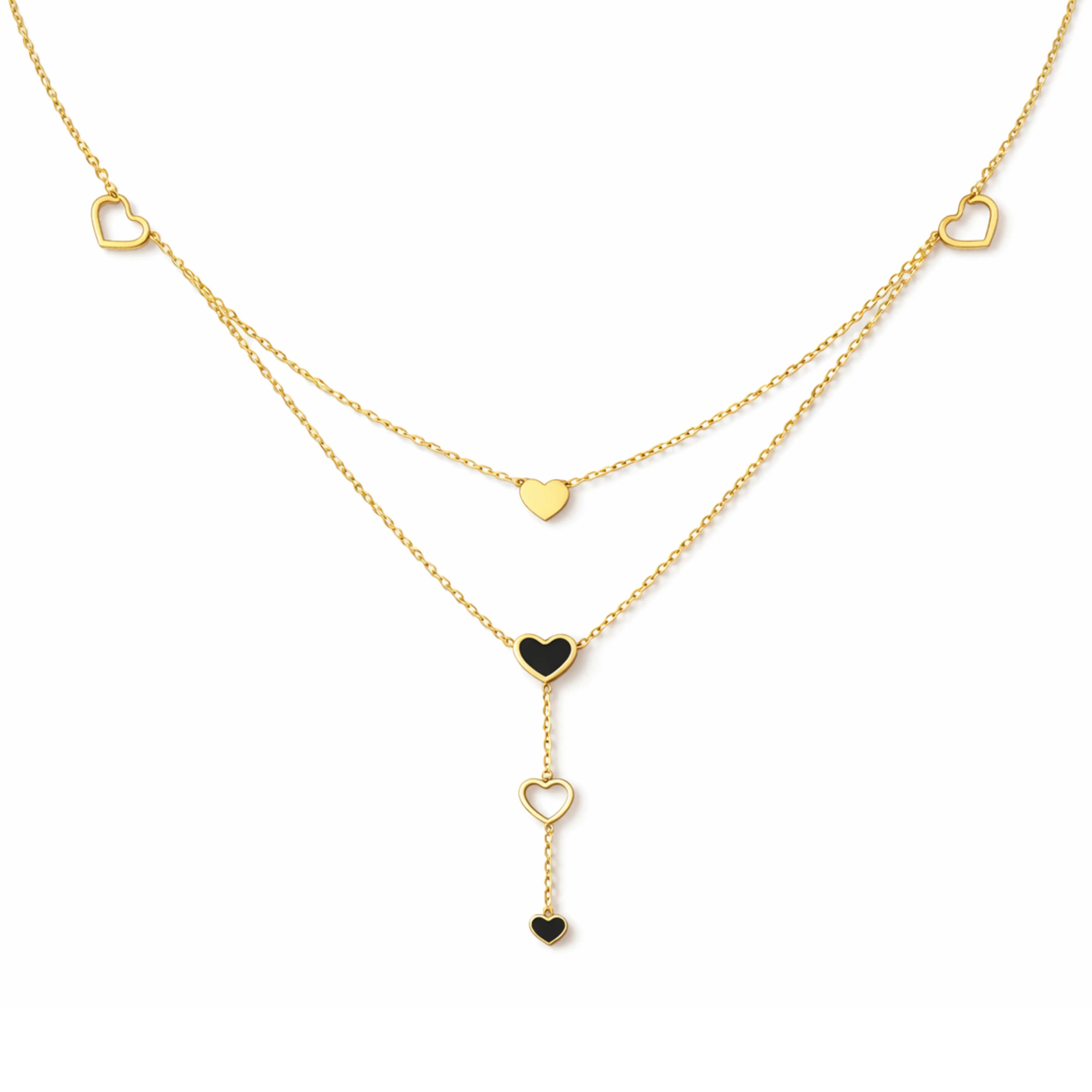 Layered Heart Charm Drop Necklace