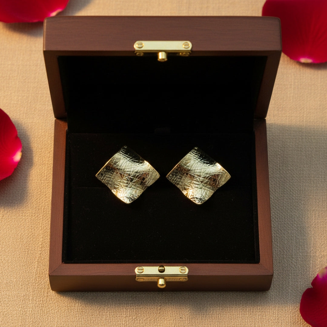 Golden Ripple Square Stud Earrings