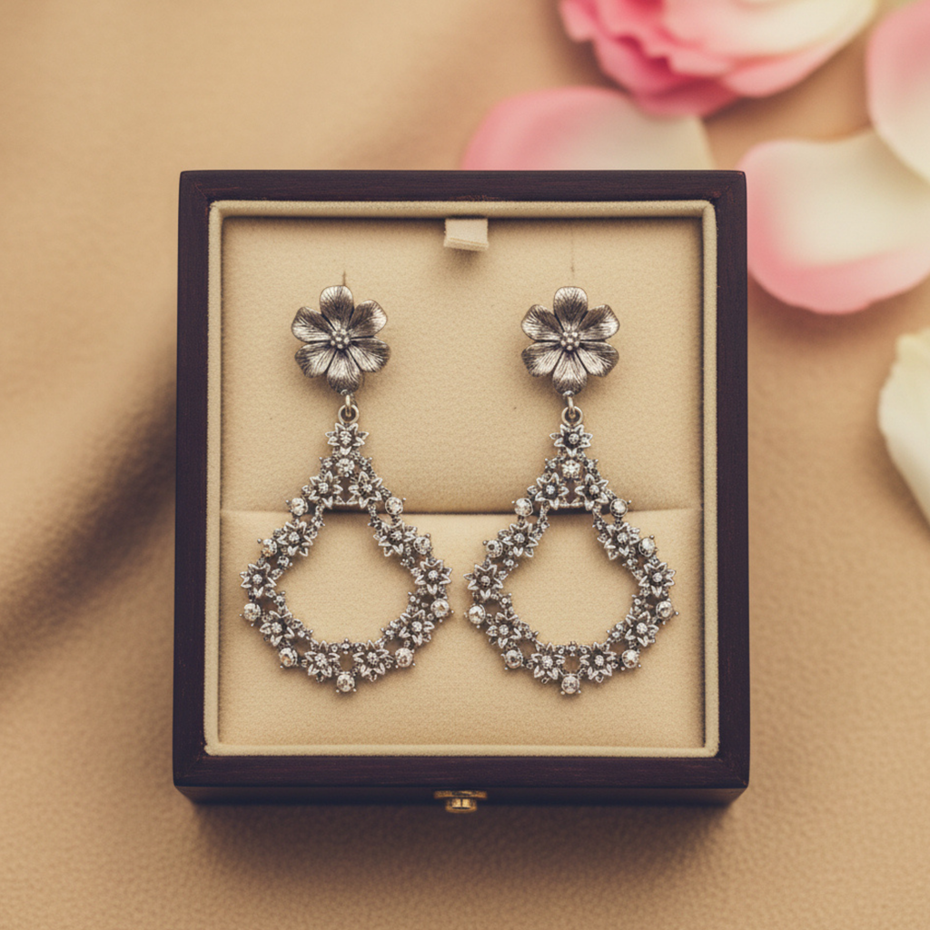 Silver Bloom Diamond Drop Earrings