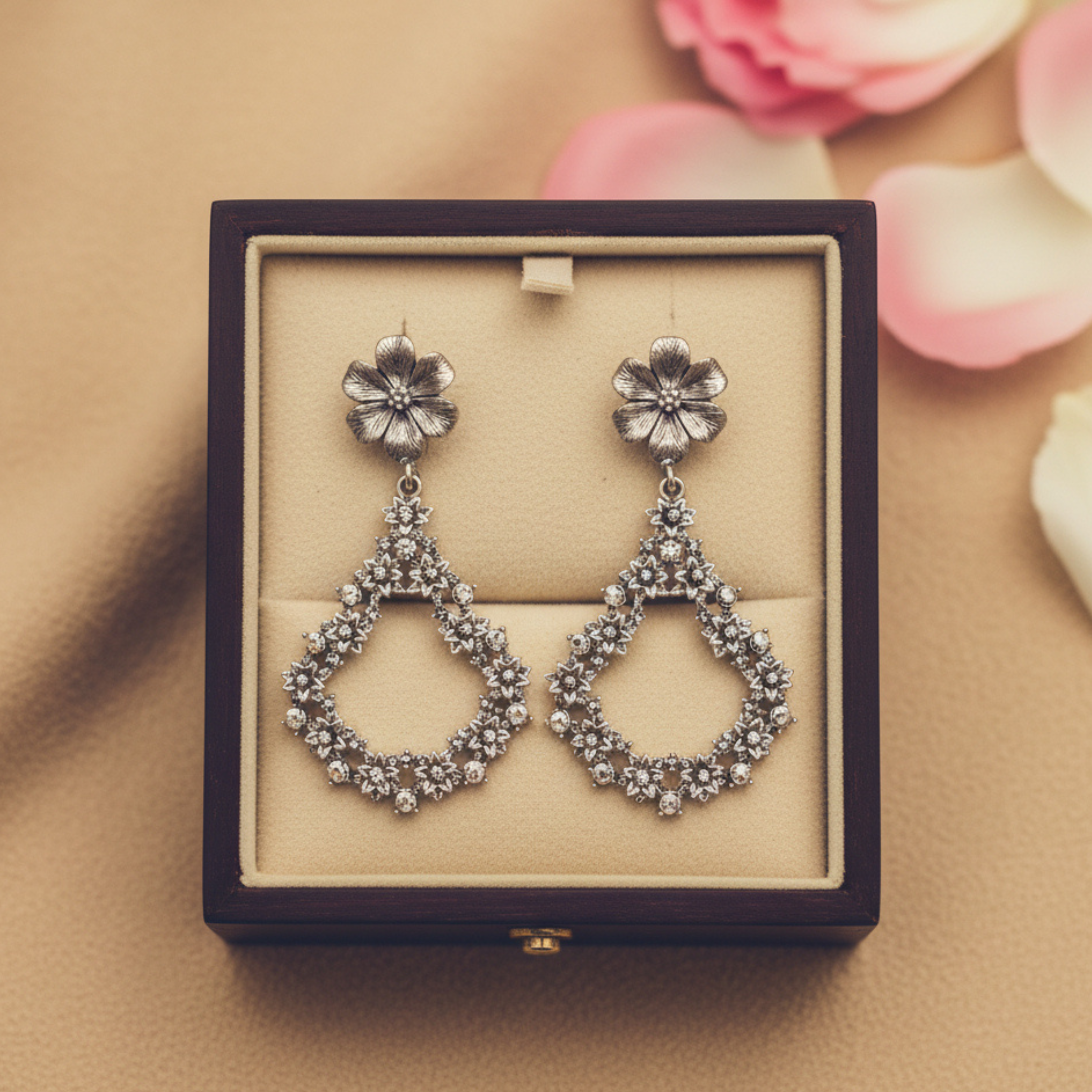 Silver Bloom Diamond Drop Earrings