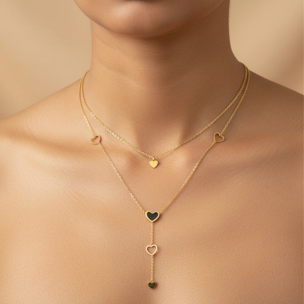 Layered Heart Charm Drop Necklace