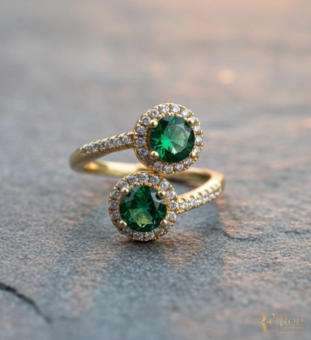 Double Emerald Halo Ring