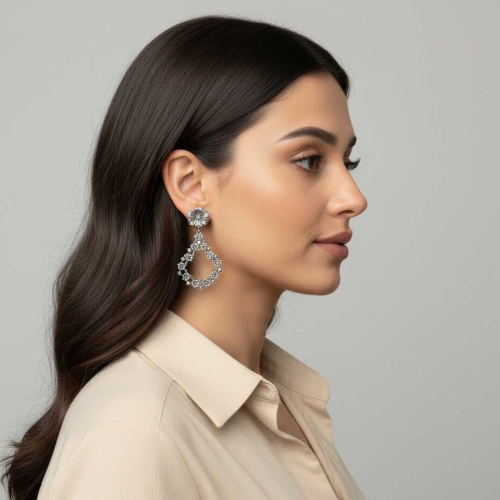 Silver Bloom Diamond Drop Earrings