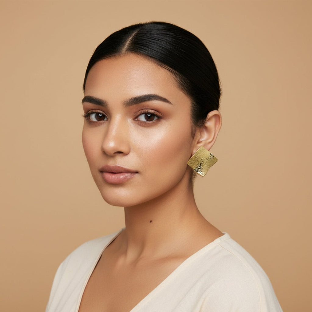 Golden Ripple Square Stud Earrings