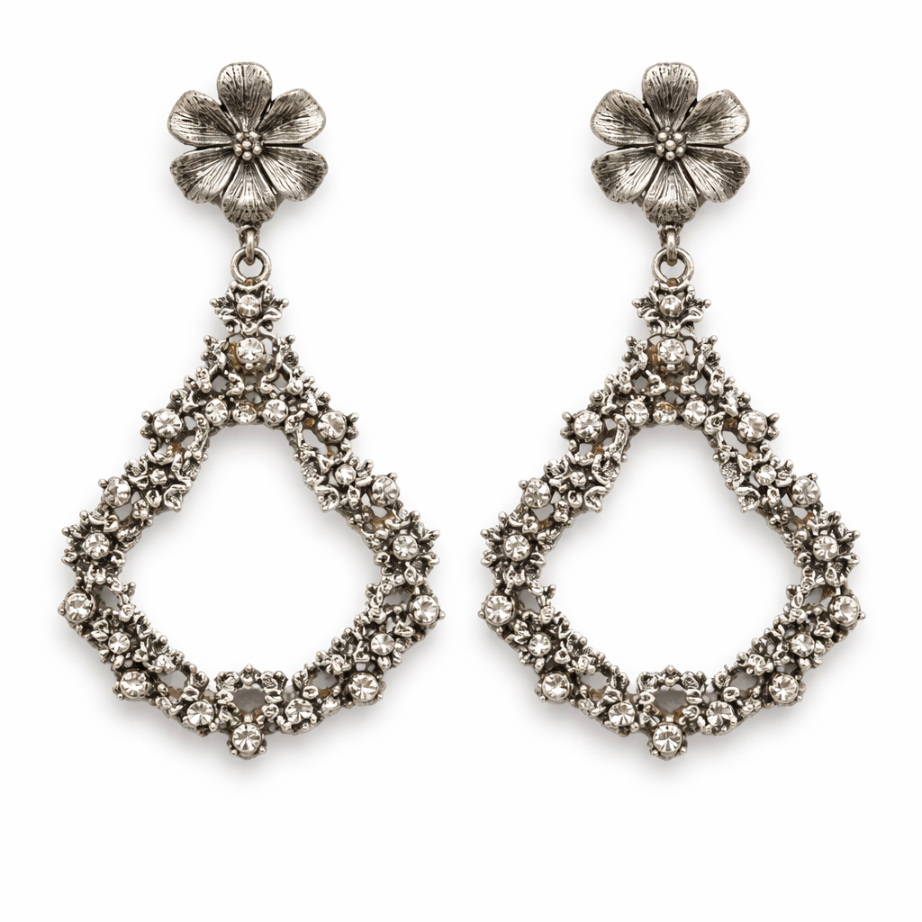 Silver Bloom Diamond Drop Earrings