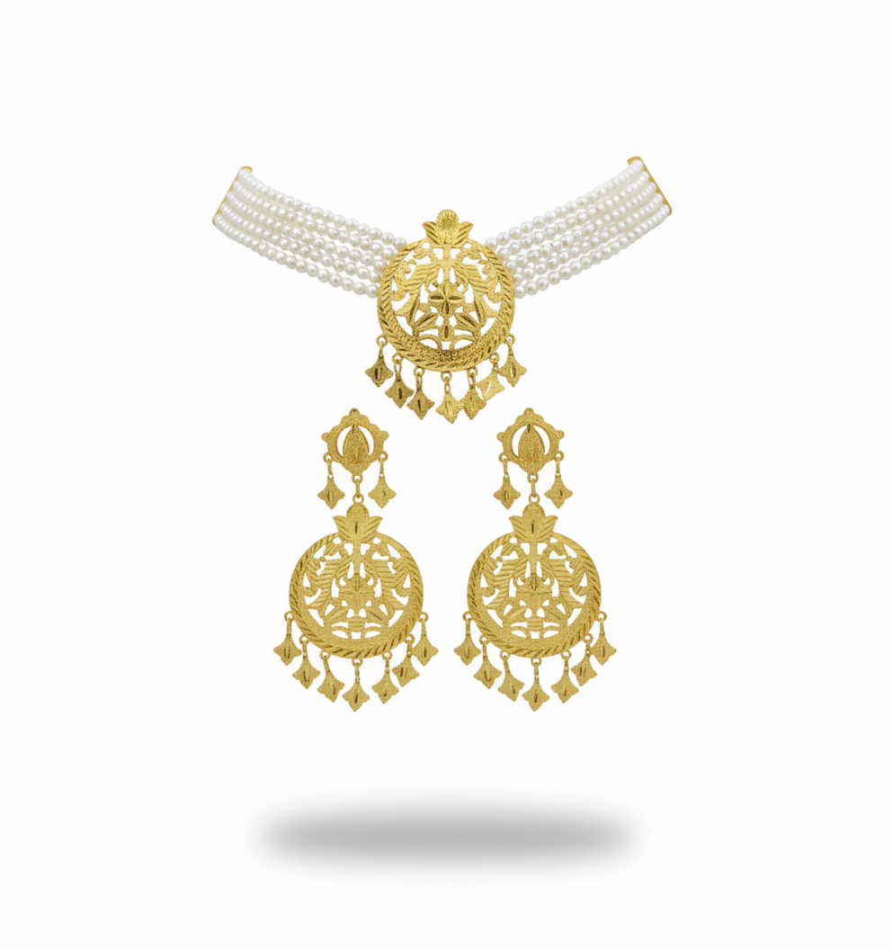 Royal Golden Filigree Pearl Choker & Chandbali Earring Set