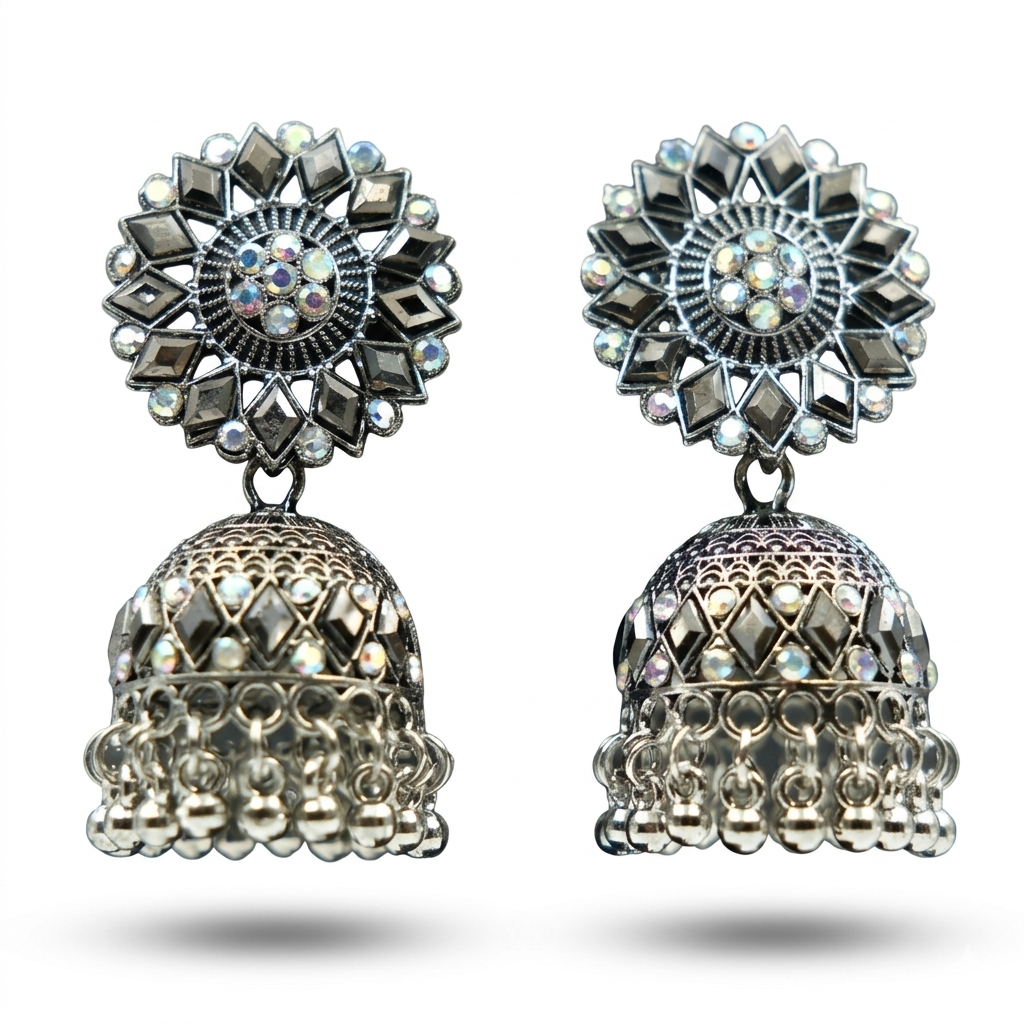 Celestial Silver Mirror Dome Jhumka Earrings